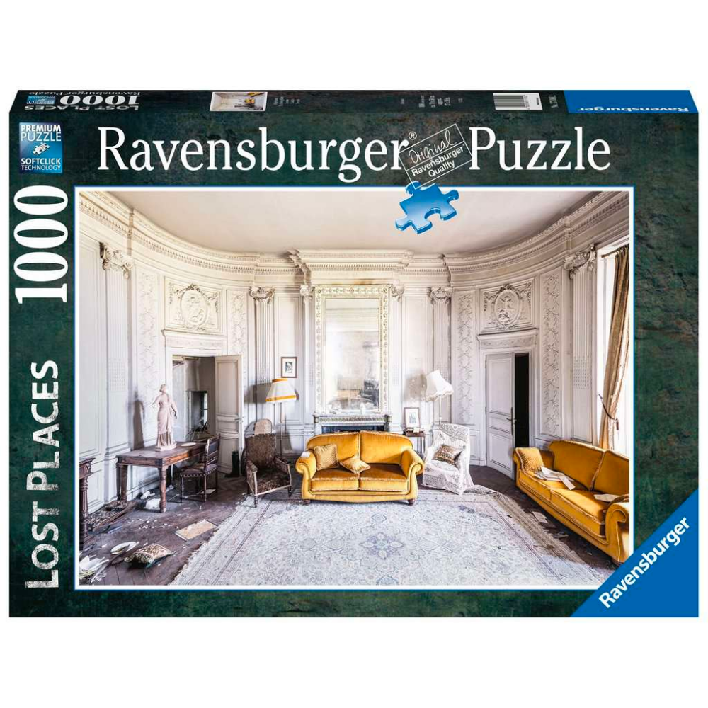 Ravensburger Lost Places White Room adult puzzle featuring a mysterious, abandoned interior with detailed white walls and vintage decor.