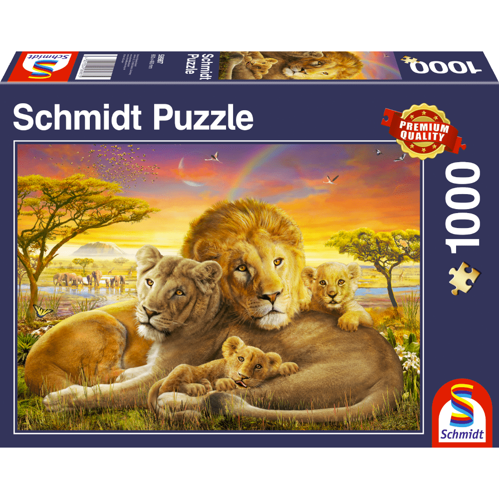 Adult puzzle featuring loving lions by Schmidt, showcasing a detailed image of lions in a natural setting.