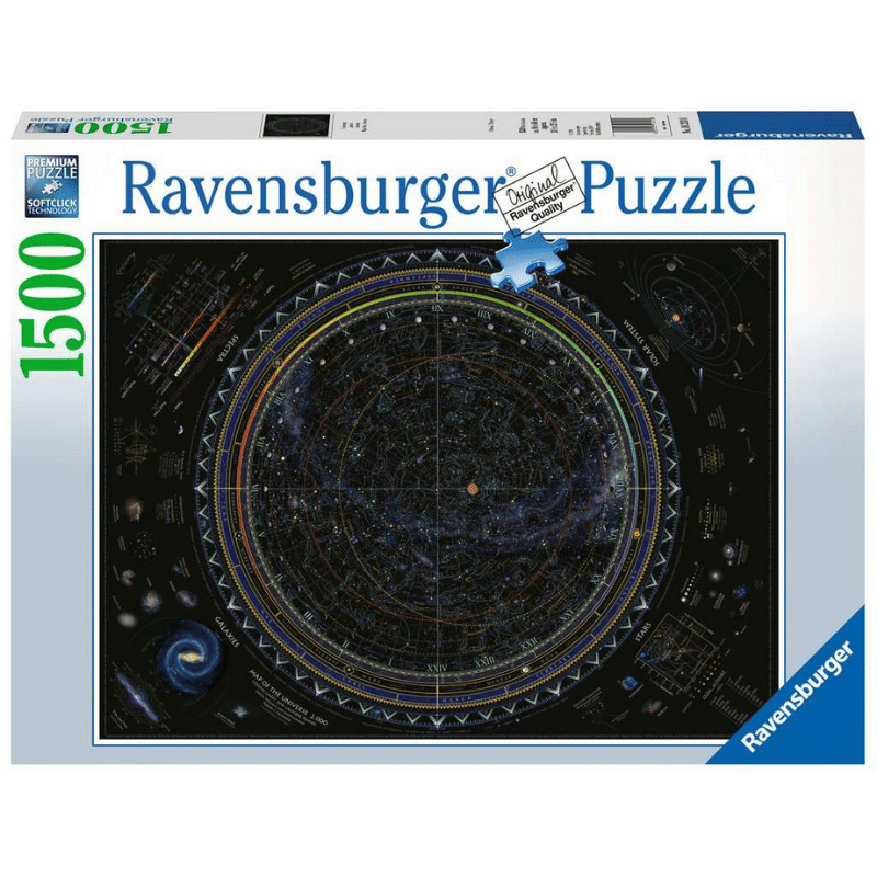 Adult Ravensburger puzzle featuring a detailed map of the universe with planets, stars, and cosmic illustrations.
