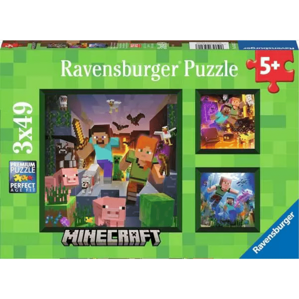 Ravensburger Minecraft Biomes children's puzzle with 49 colorful pieces depicting various Minecraft environments.