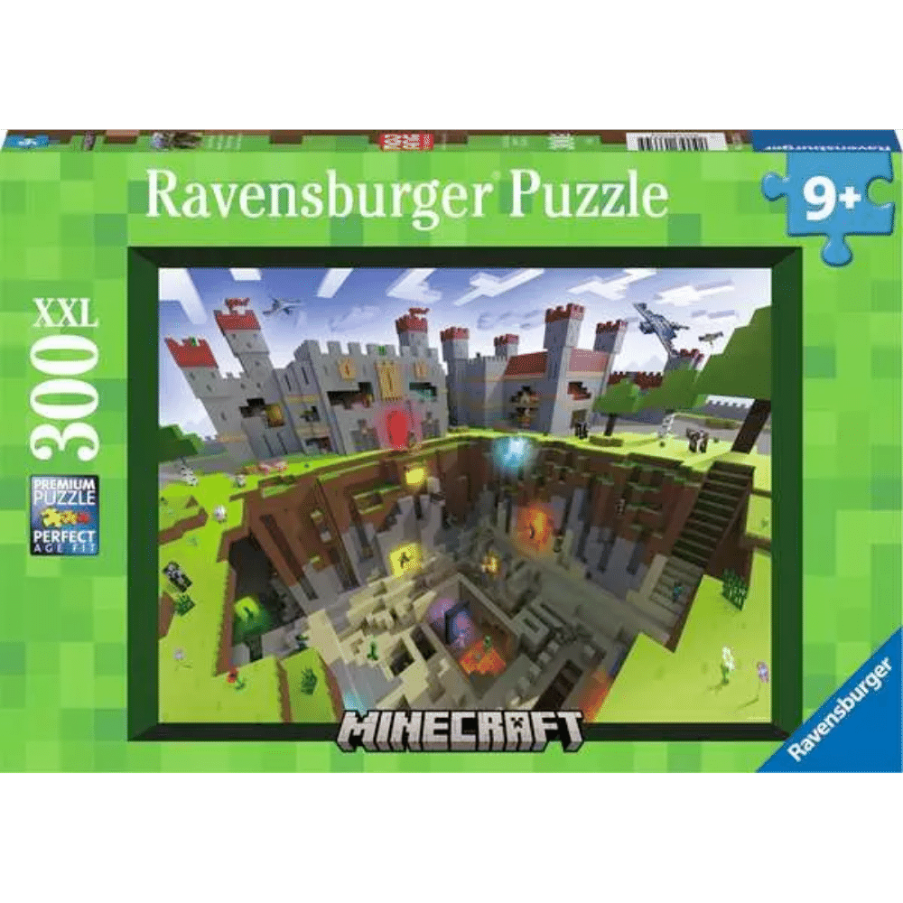 Ravensburger Minecraft Cutaway children's puzzle with 300 pieces, featuring a detailed Minecraft scene with characters and block structures.