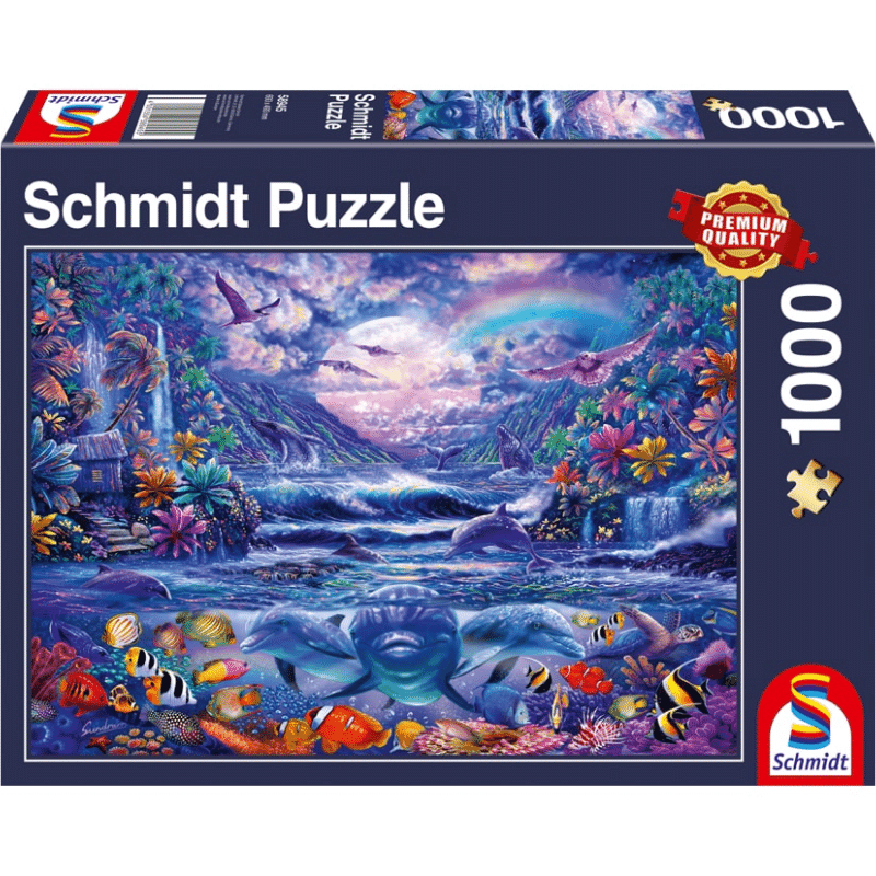 Adult puzzle titled Moonlit Oasis by Schmidt featuring a serene, moonlit desert landscape with cacti and starry sky.