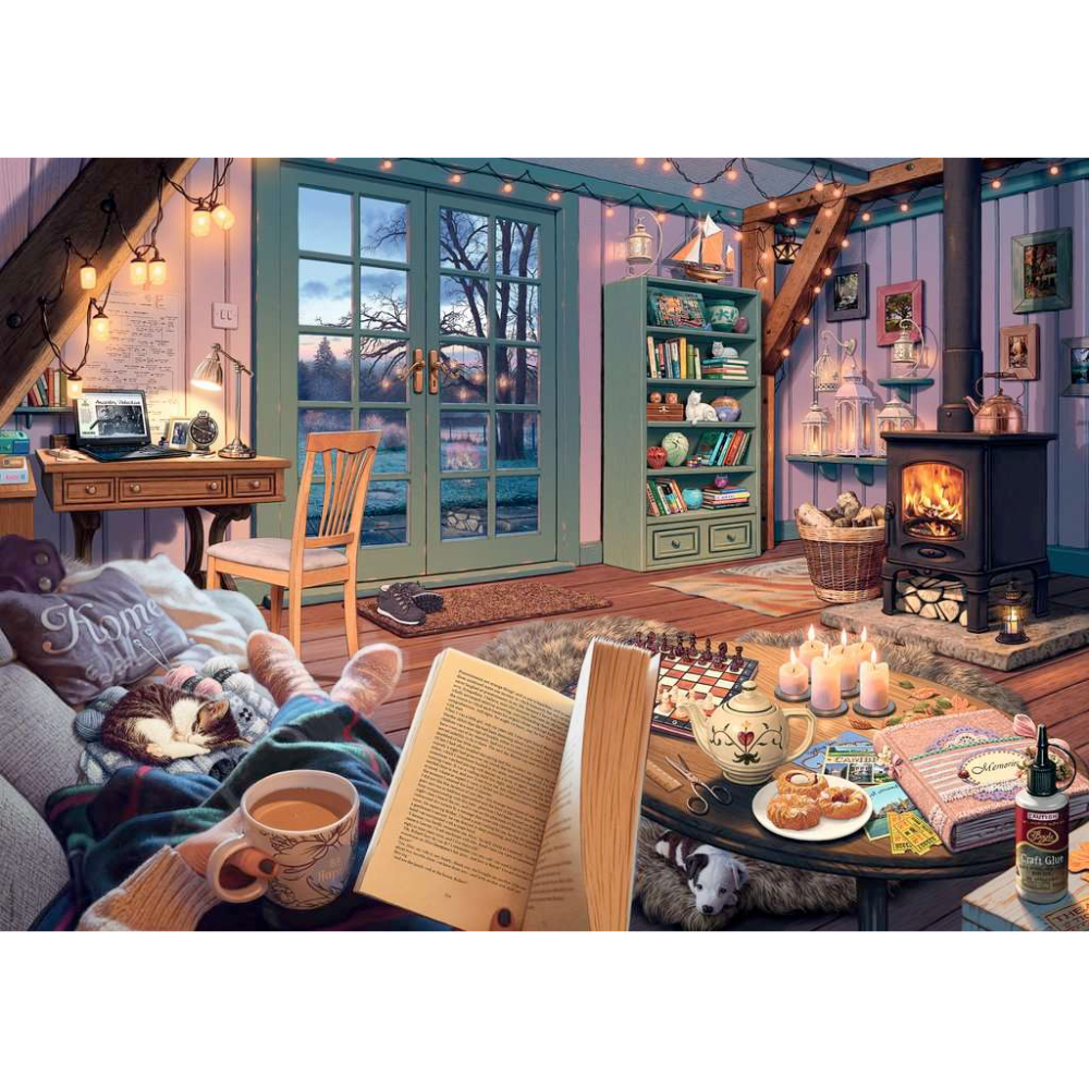 Ravensburger adult puzzle titled My Haven No 6: The Cosy Shed featuring a detailed illustration of a cozy garden shed scene.
