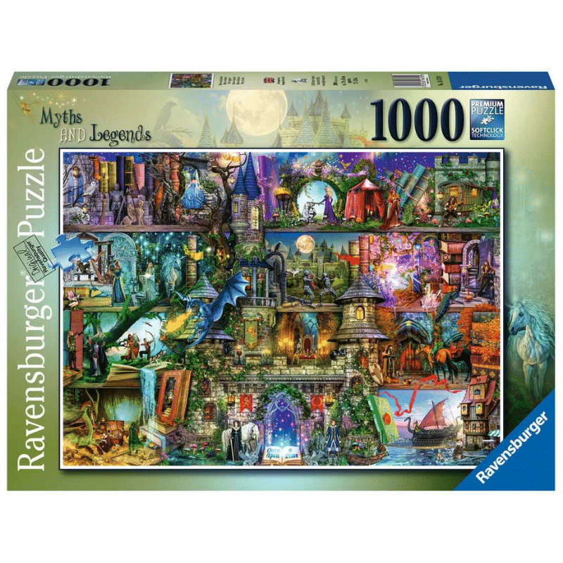 Ravensburger adult puzzle titled "Myths & Legends" featuring colorful mythological and legendary characters and scenes.