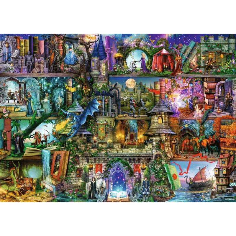 Ravensburger adult puzzle featuring Aimee Stewart's Myths & Legends artwork with mythical creatures and fantasy scenes.