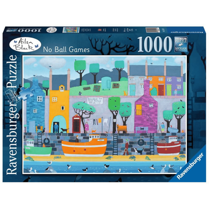Ravensburger adult puzzle titled "No Ball Games" featuring a colorful illustration of various sports and recreational activities.