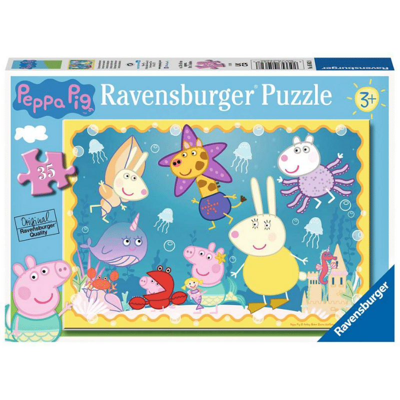 Children's puzzle featuring Peppa Pig's Underwater Adventure scene by Ravensburger, with colorful underwater characters and ocean backdrop.