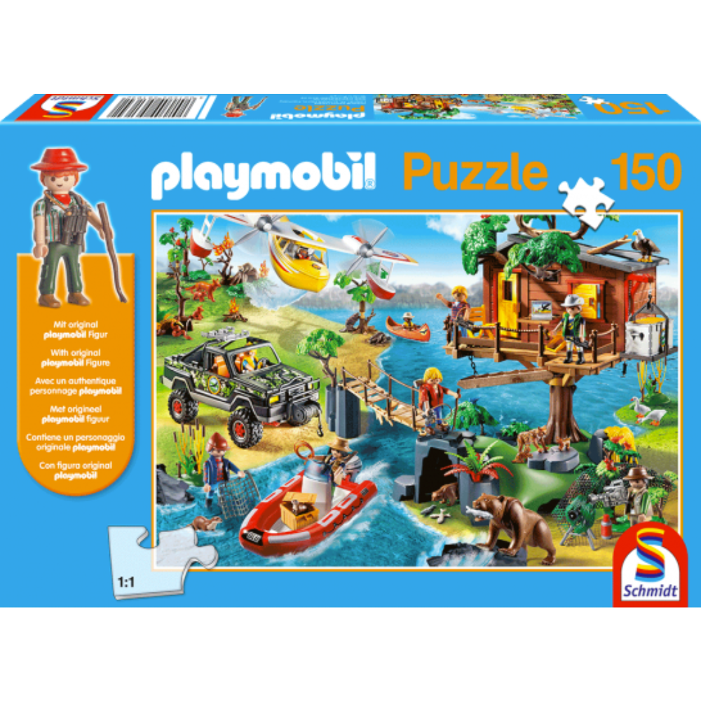 Schmidt Playmobil children's puzzle featuring a colorful treehouse scene with 150 pieces for kids' play and building fun.