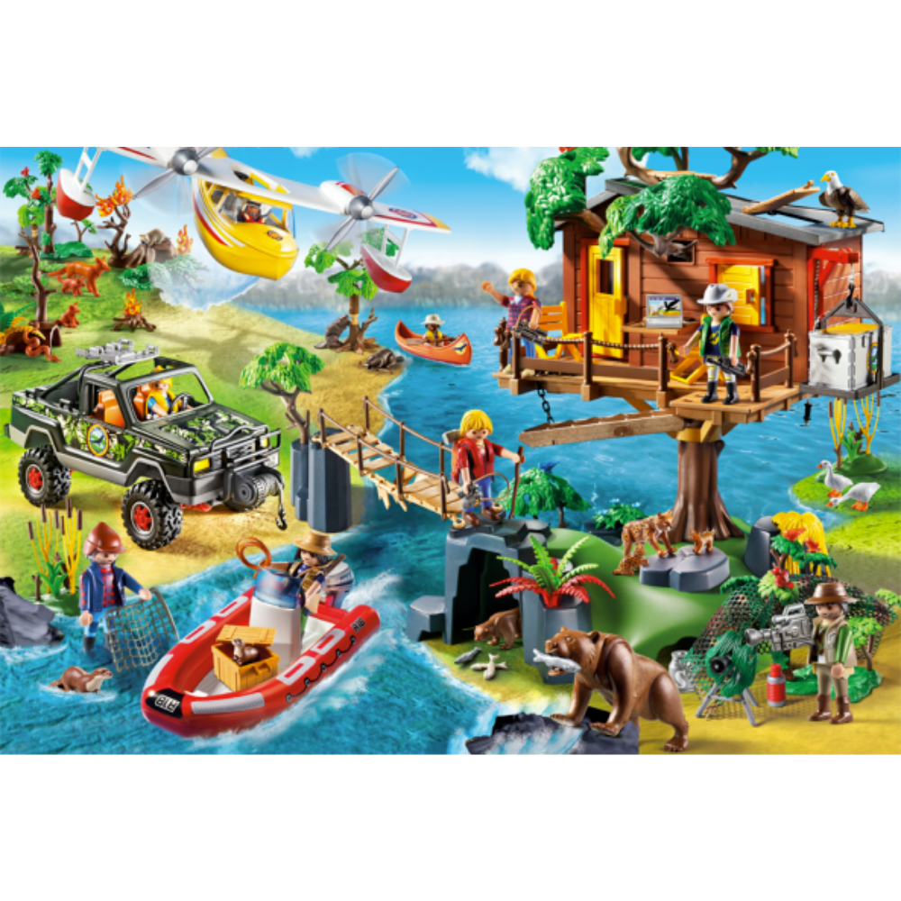 Schmidt Playmobil children's puzzle featuring a colorful treehouse scene with 150 pieces, suitable for kids' play and learning.