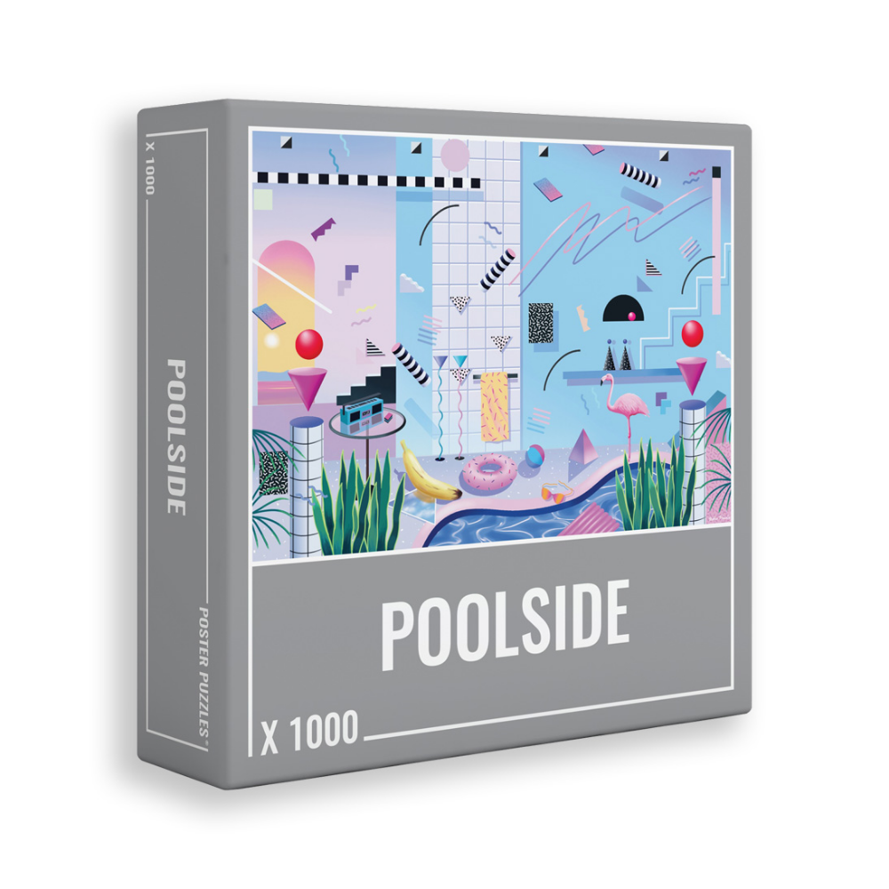 Adult puzzle titled "Poolside" by Cloudberries featuring a vibrant poolside scene with lounge chairs and sunny outdoor setting.