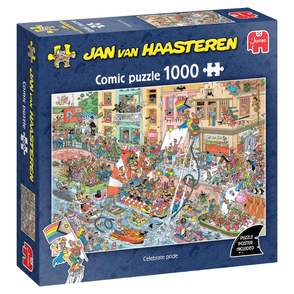 Jan van Haasteren Celebrate Pride adult puzzle featuring colorful pride flags and festive imagery in vibrant detail.