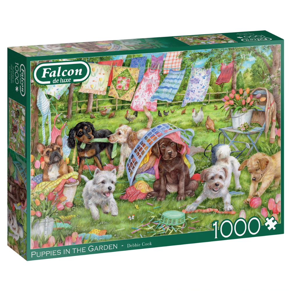 Falcon de luxe adult puzzle featuring puppies in a garden scene with playful and adorable puppies amidst lush greenery.
