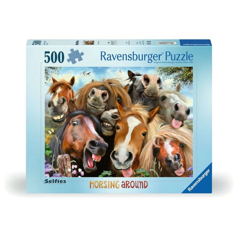 Adult Ravensburger puzzle titled "Selfies: Horsing Around" featuring colorful horse-themed images and puzzle pieces.