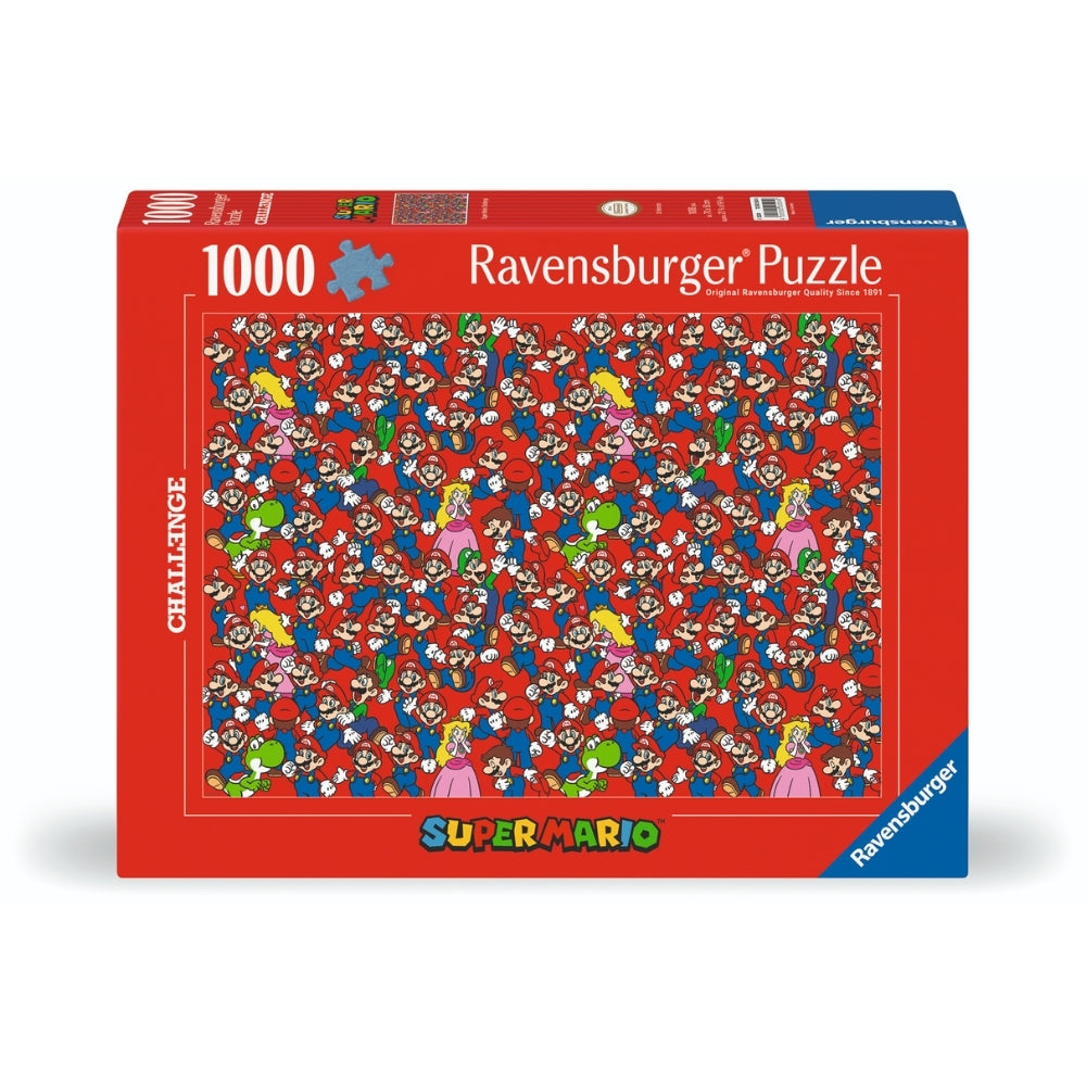 Adult puzzle featuring Super Mario characters by Ravensburger, with colorful game scene and detailed design for enthusiasts.