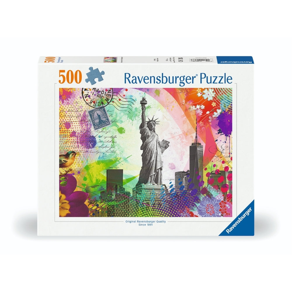 Ravensburger adult puzzle featuring a New York Postcard design with colorful cityscape and iconic landmarks.