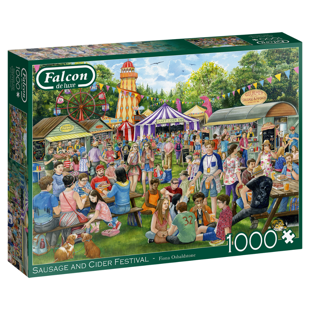 Falcon de Luxe adult puzzle featuring a lively sausage and cider festival scene with food stalls and cheerful crowds.