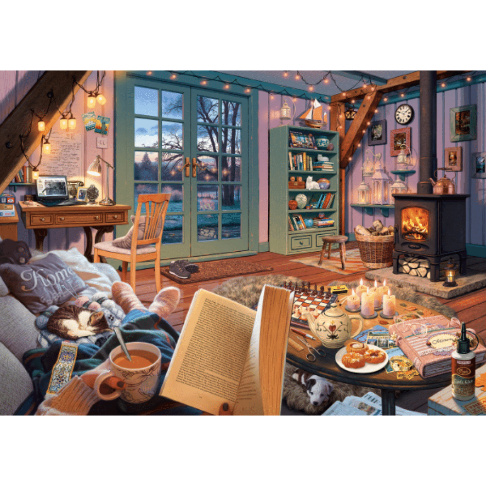 Adult puzzle titled Secret Puzzle: At the Holiday Home by Schmidt, featuring a cozy holiday scene with festive details.