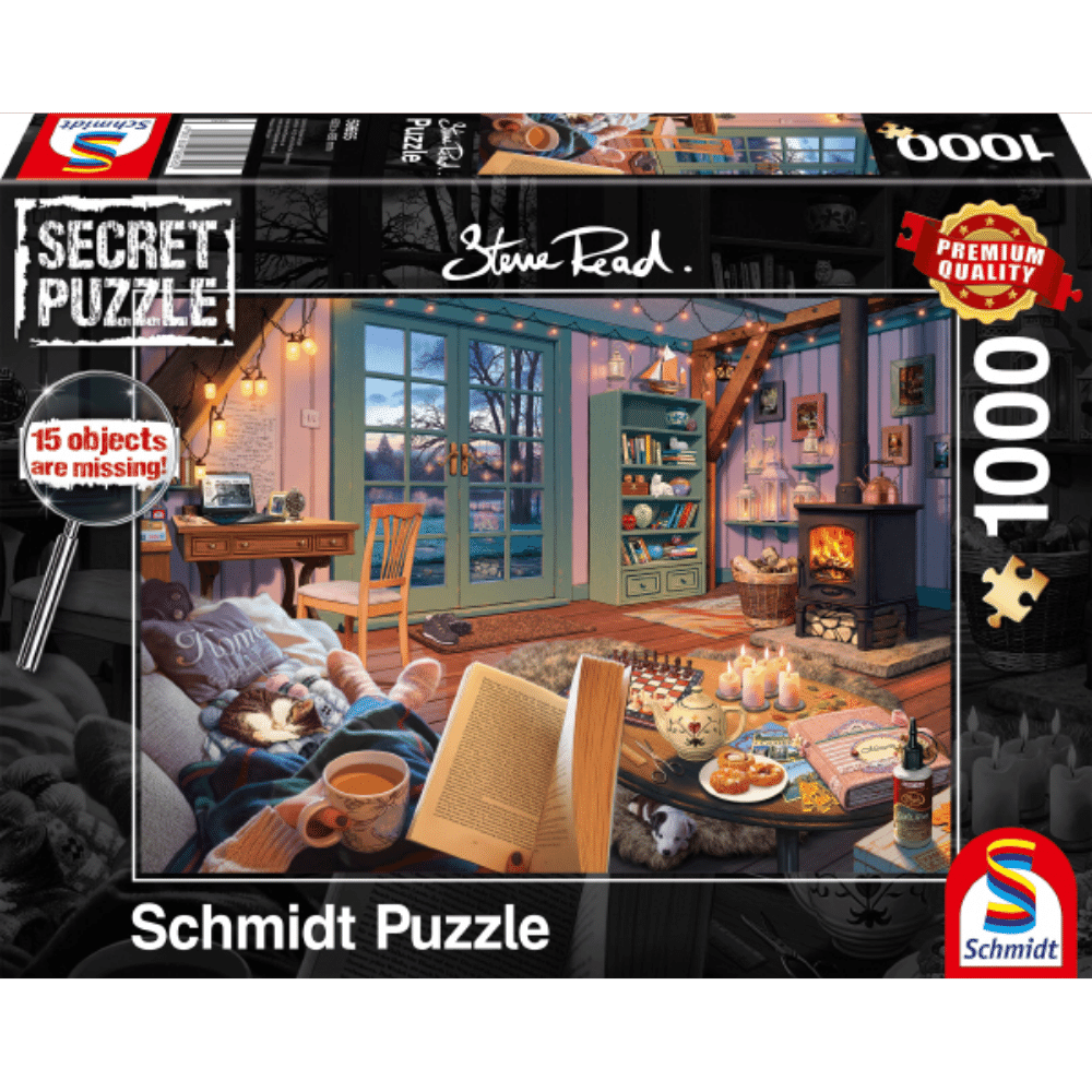 Adult puzzle titled Secret Puzzle: At the Holiday Home by Schmidt, featuring a detailed holiday scene image.