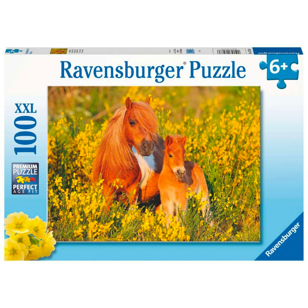 Children's Ravensburger puzzle featuring a colorful Shetland Pony with detailed images of the pony's face and fur.