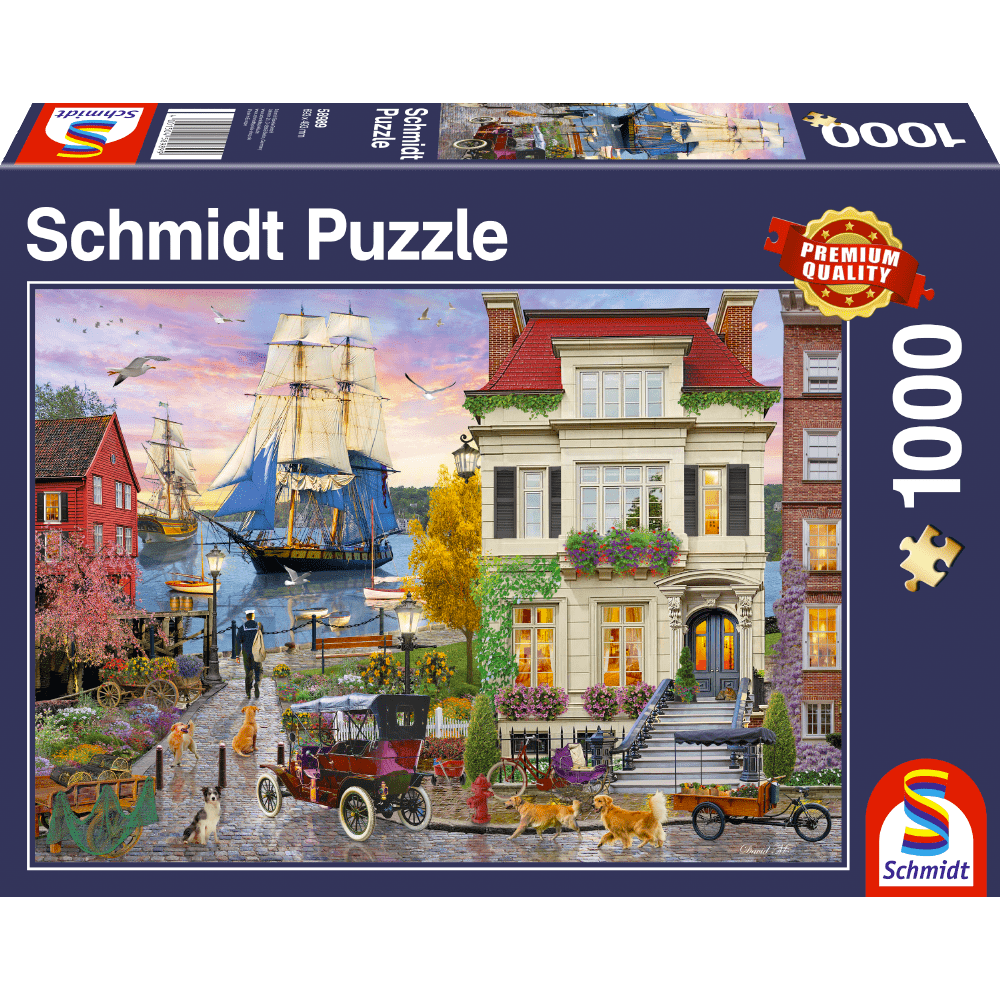 Adult puzzle titled "Ship in the Harbour" by Schmidt featuring a detailed image of a ship docked in a busy harbor scene.