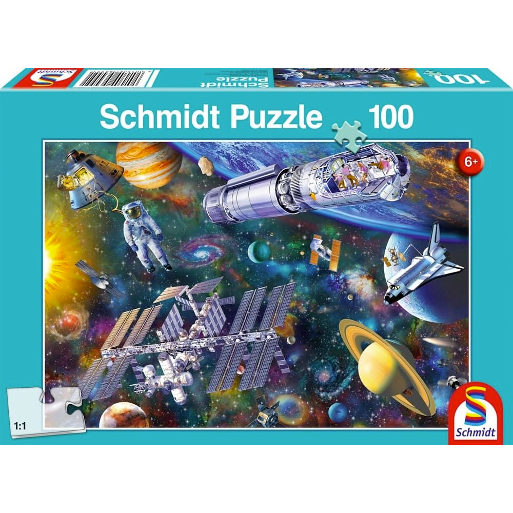 Children's space-themed puzzle by Schmidt, featuring colorful space scenes with 100 pieces for kids' fun and educational play.