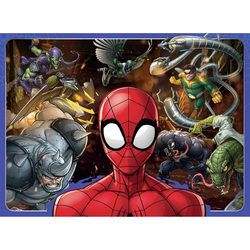 Colorful Ravensburger children's Spider-Man puzzle showing Spider-Man swinging through a cityscape with vibrant comic-style artwork.