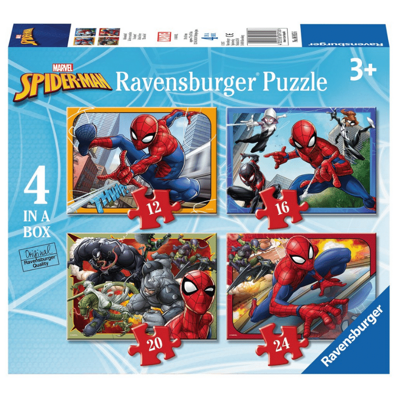 Children's Spider-Man puzzle by Ravensburger featuring four colorful Spider-Man images in a box, perfect for young fans.