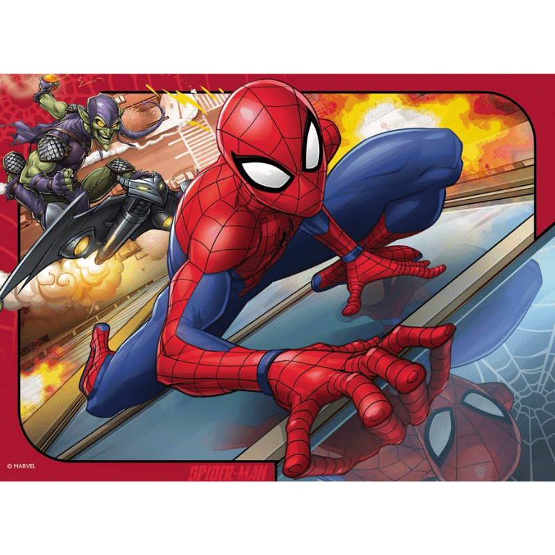 Children's Spider-Man puzzle by Ravensburger featuring four Spider-Man images in a box, ideal for kids' entertainment and brain development.