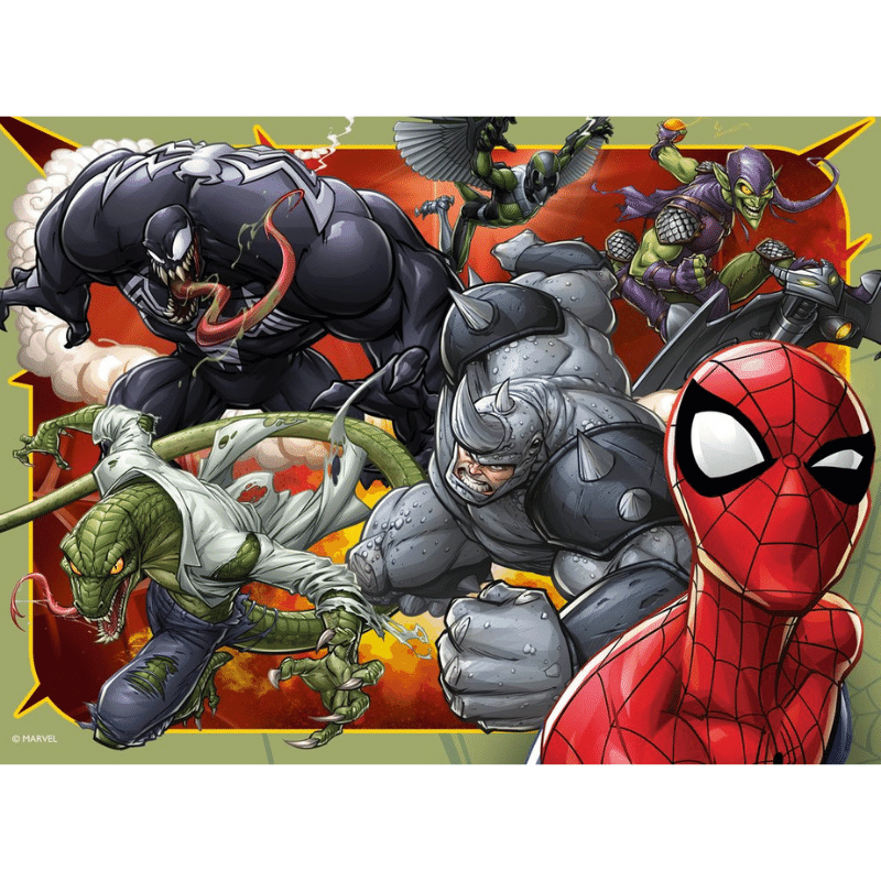 Children's Spider-Man puzzle by Ravensburger featuring four colorful images of Spider-Man for kids to assemble and enjoy.