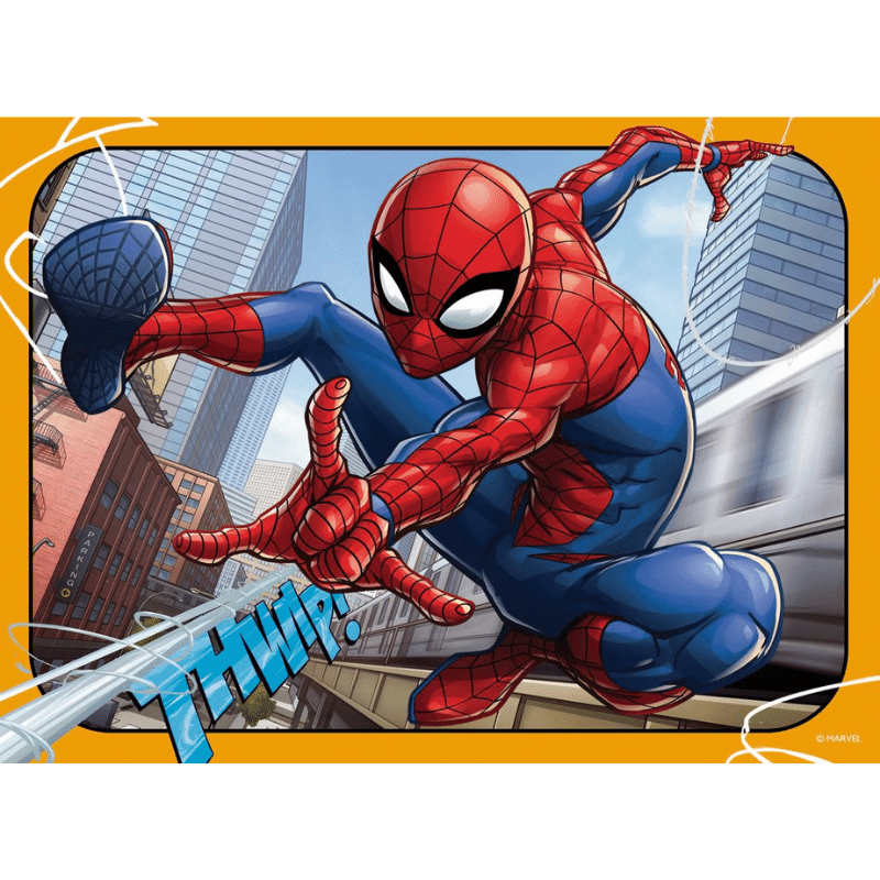 Children's Spider-Man puzzle by Ravensburger featuring four different Spider-Man images in a box, colorful and engaging for kids.