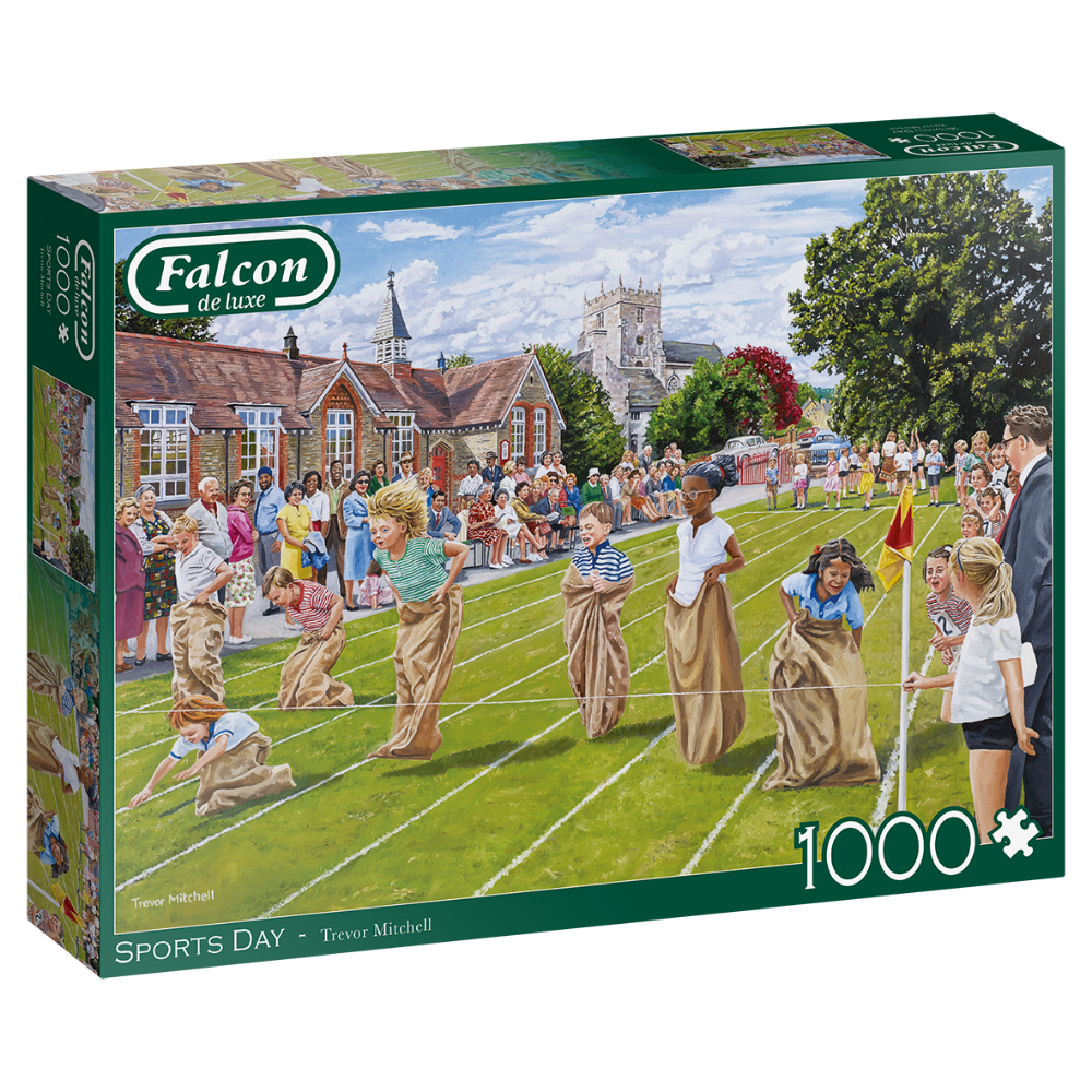 Falcon de luxe adult sports day puzzle featuring colorful images of athletes and outdoor activities.