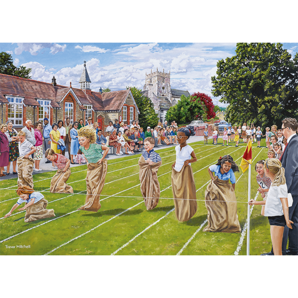 Adult Falcon de luxe Sports Day puzzle showing children participating in various athletic activities on a vibrant sports field.