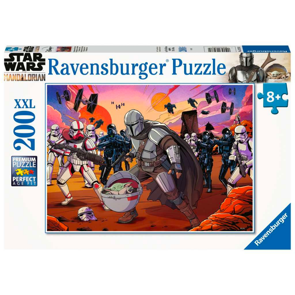 Children's puzzle featuring Star Wars: The Mandalorian "Face Off" by Ravensburger, showing a colorful scene with Mandalorian characters.