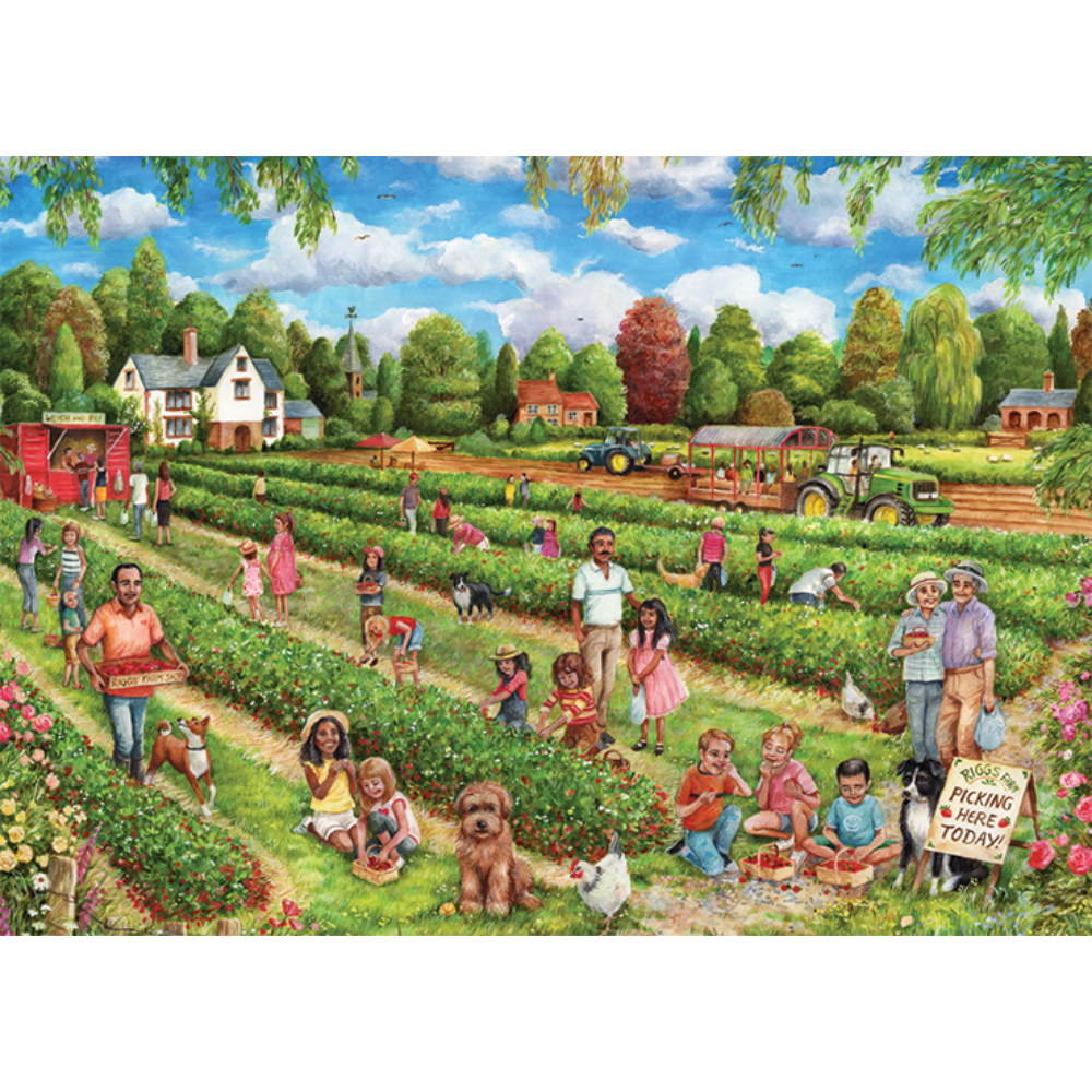 Falcon de luxe adult puzzle featuring a vibrant strawberry picking scene with ripe strawberries and lush greenery.