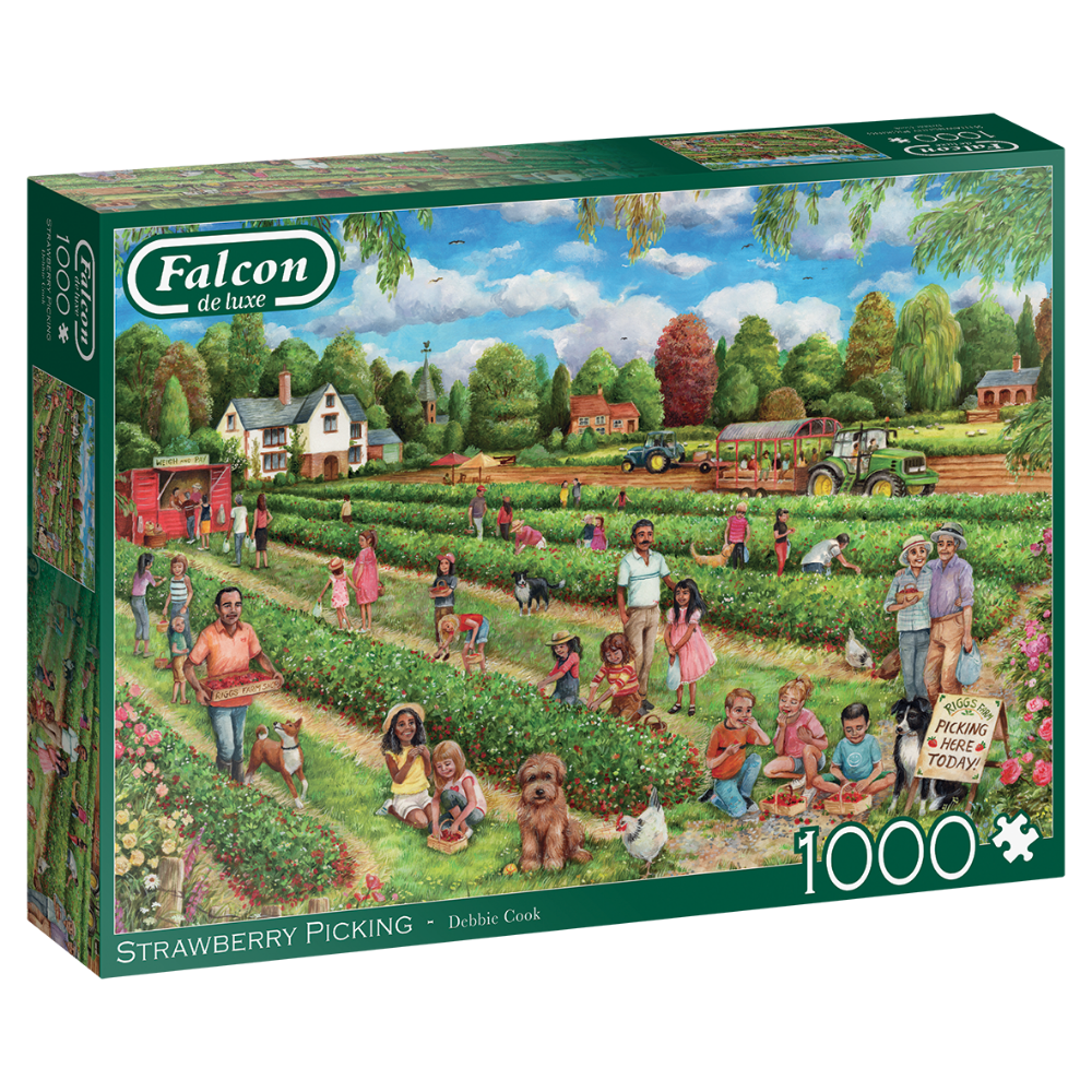 Falcon de luxe adult puzzle featuring a vibrant strawberry picking scene with ripe strawberries and lush greenery.