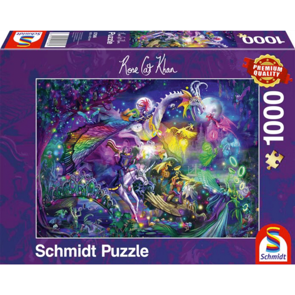 Adult puzzle titled "Summer Night Circus" by Schmidt featuring a vibrant circus scene with colorful tents and performers.