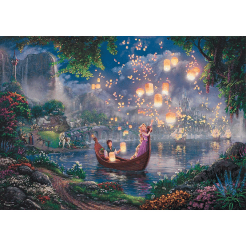 Adult puzzle featuring Thomas Kinkade's Tangled artwork by Schmidt, showcasing vibrant, detailed puzzle pieces with colorful scene.
