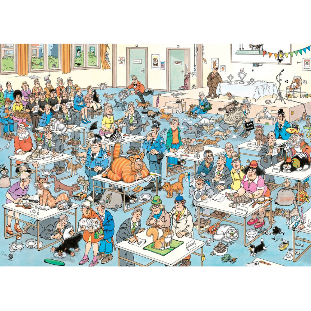 1000-piece adult puzzle titled The Cat Pageantry by Jan van Haasteren, featuring a colorful scene with cats in a festive parade.