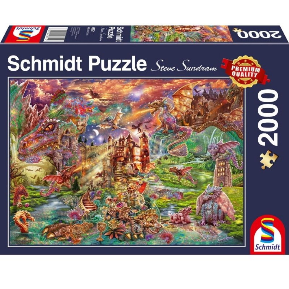 Adult puzzle "The Dragon’s Treasure" by Schmidt featuring a detailed dragon and treasure scene in vibrant colors.