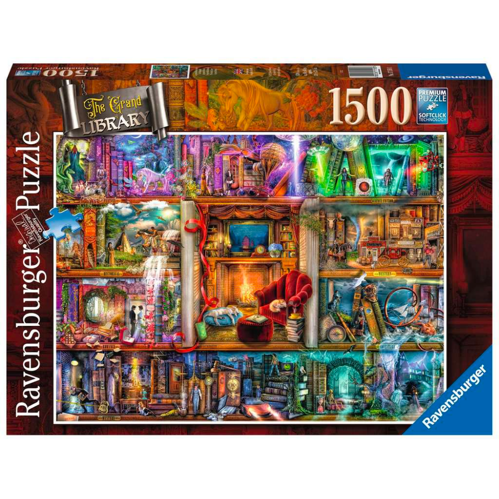 Adult Ravensburger puzzle titled The Grand Library featuring an intricate image of a historic library interior.