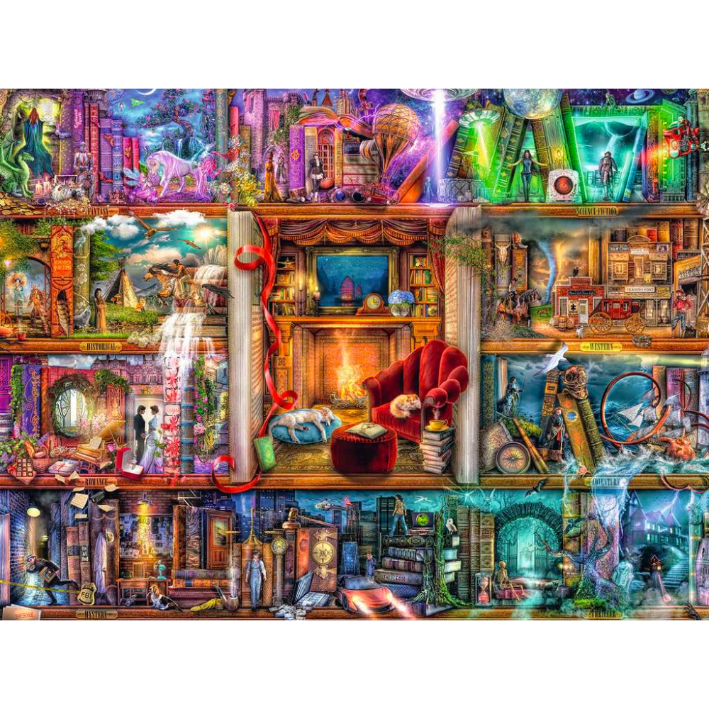 Ravensburger adult puzzle titled The Grand Library featuring a detailed 2D illustration of a historic library interior.