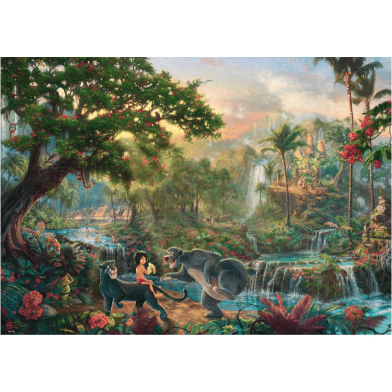 Adult puzzle featuring Thomas Kinkade's The Jungle Book artwork by Schmidt, depicting vibrant jungle scene with detailed imagery.