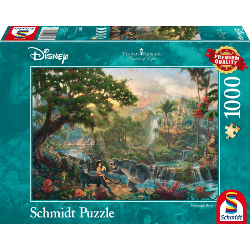 Adult puzzle featuring Thomas Kinkade's The Jungle Book by Schmidt, showing colorful jungle scene with detailed artwork.