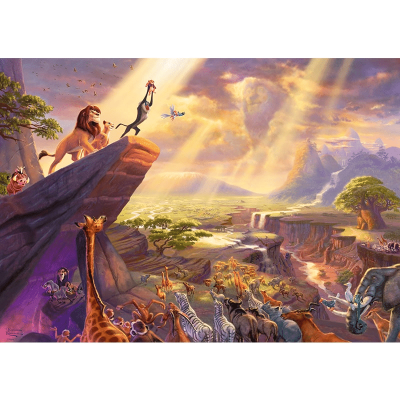 Schmidt adult puzzle featuring Thomas Kinkade's artwork inspired by The Lion King, showcasing vibrant jungle scene and characters.
