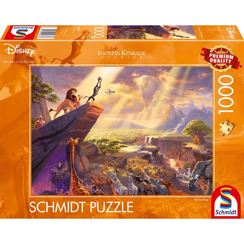 Adult Thomas Kinkade The Lion King puzzle by Schmidt featuring vibrant Lion King artwork with colorful, detailed puzzle pieces.