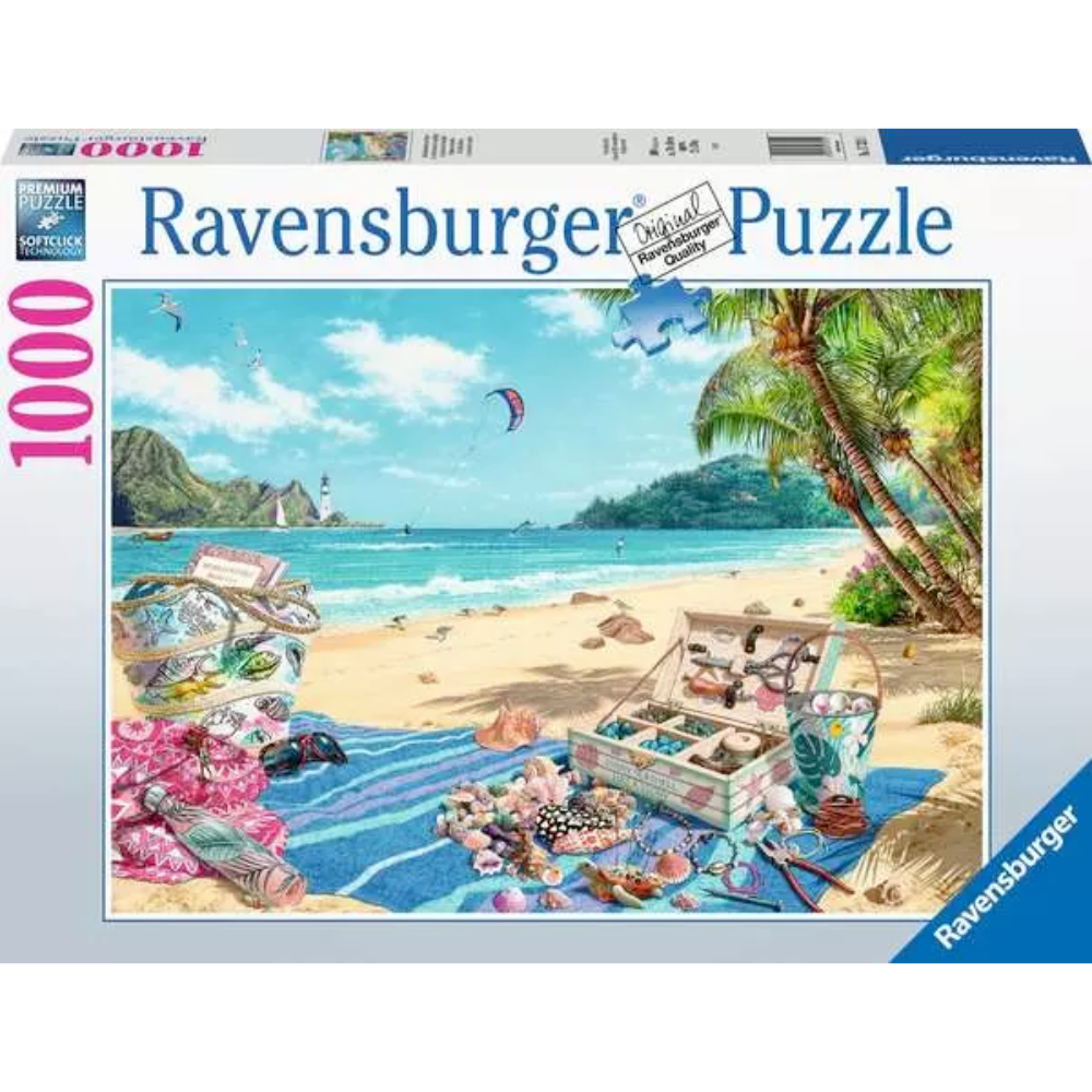 Ravensburger adult puzzle titled The Shell Collector featuring a detailed illustration of various seashells and marine life.
