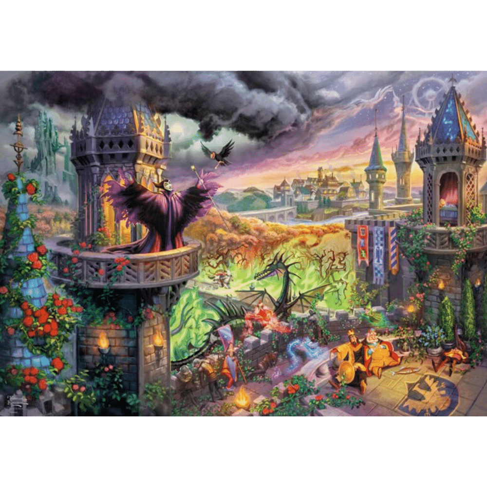 Adult puzzle featuring Thomas Kinkade's Maleficent artwork, 1000-piece Schmidt brand jigsaw puzzle, vibrant and detailed image.