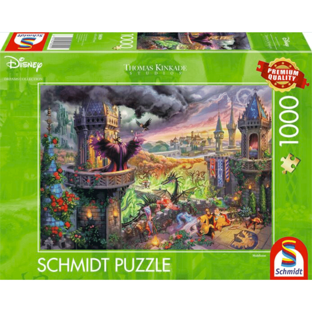 Adult puzzle featuring Thomas Kinkade's Maleficent artwork, 1000 pieces, by Schmidt, showing vibrant fantasy scene with detailed design.