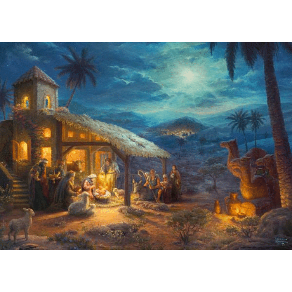 Adult puzzle featuring Thomas Kinkade's Spirit, The Nativity scene, with detailed holiday nativity artwork by Schmidt.