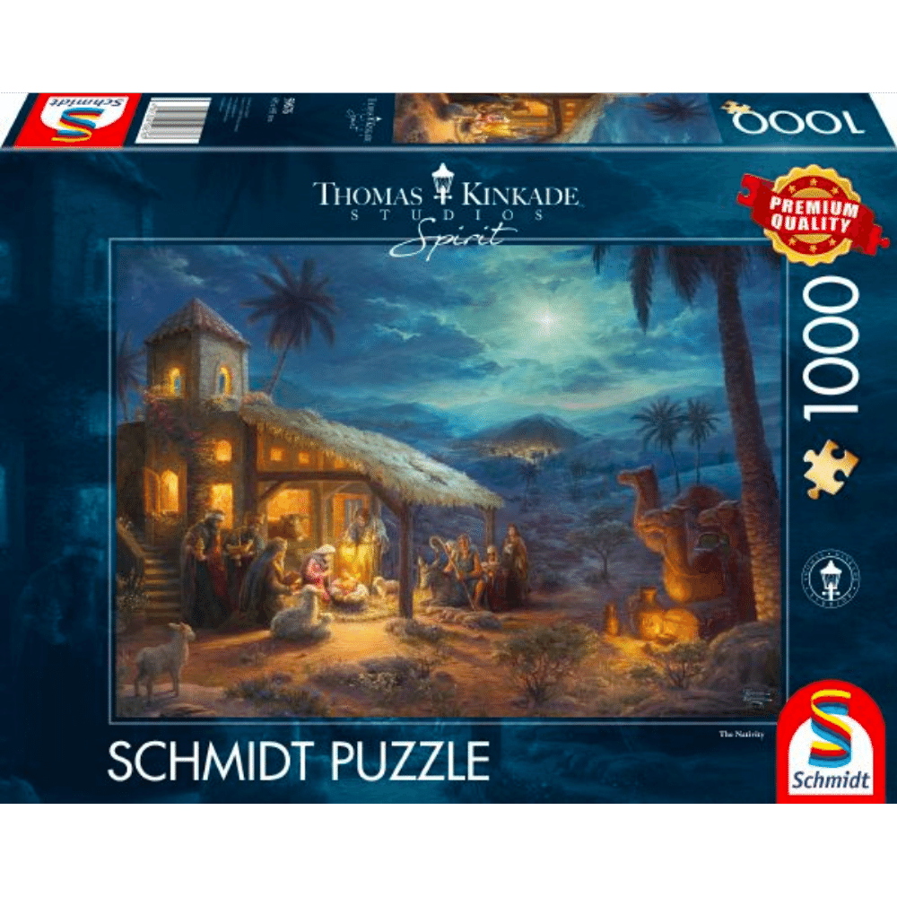 Thomas Kinkade Spirit The Nativity adult puzzle by Schmidt featuring a peaceful nativity scene with warm, glowing lights and detailed artwork.